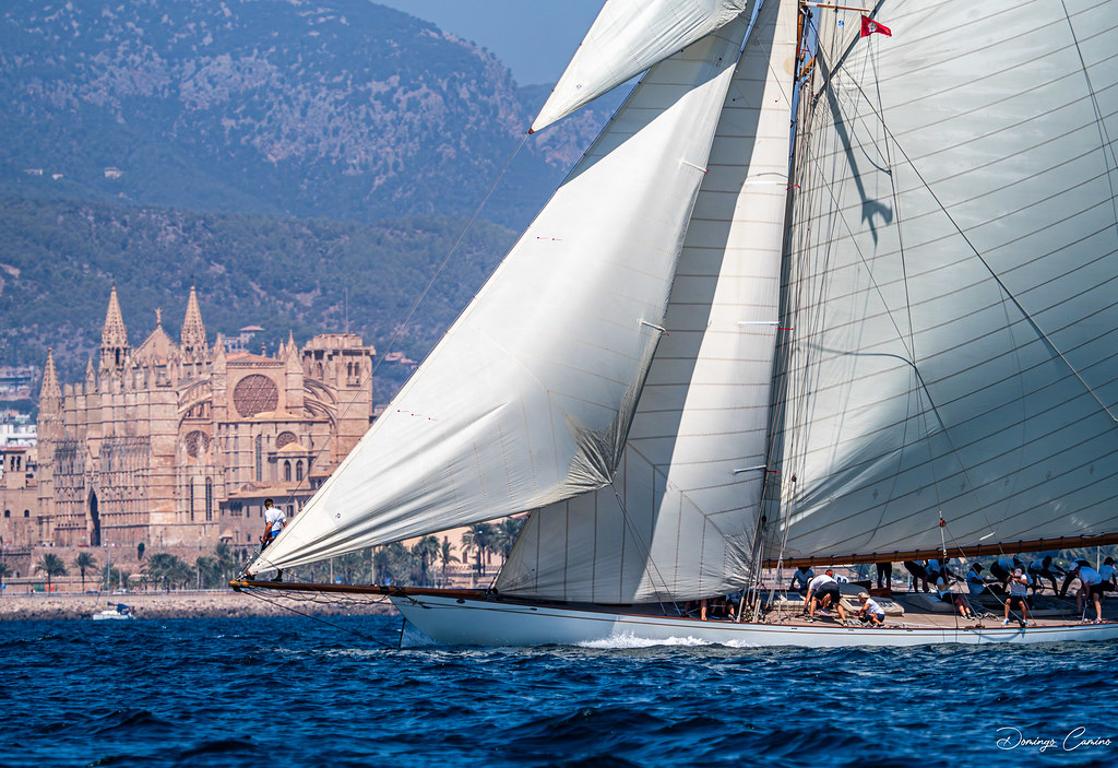 Velero y Catedral de Palma de Mallorca. Spain.